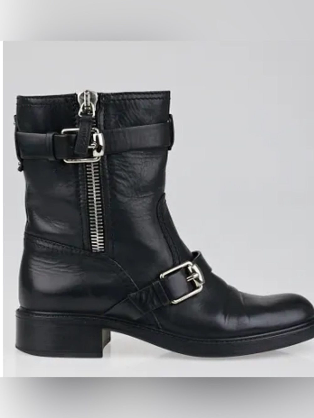 Gucci Black Leather Buckle Zip Moto Boots